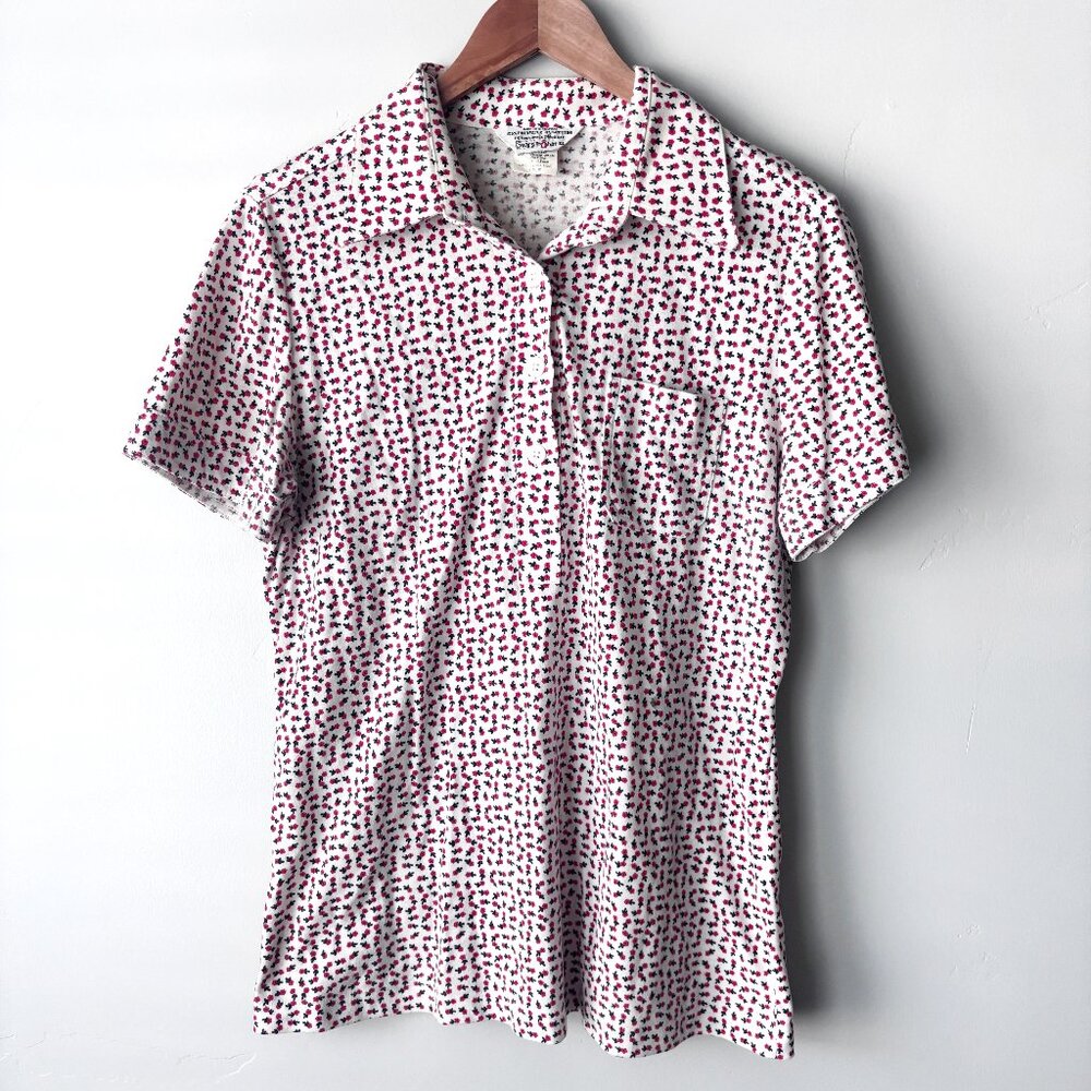 Vintage 70s Sears Perma Prest Floral Polo Shirt Womens Sz 18 Granny Chic
